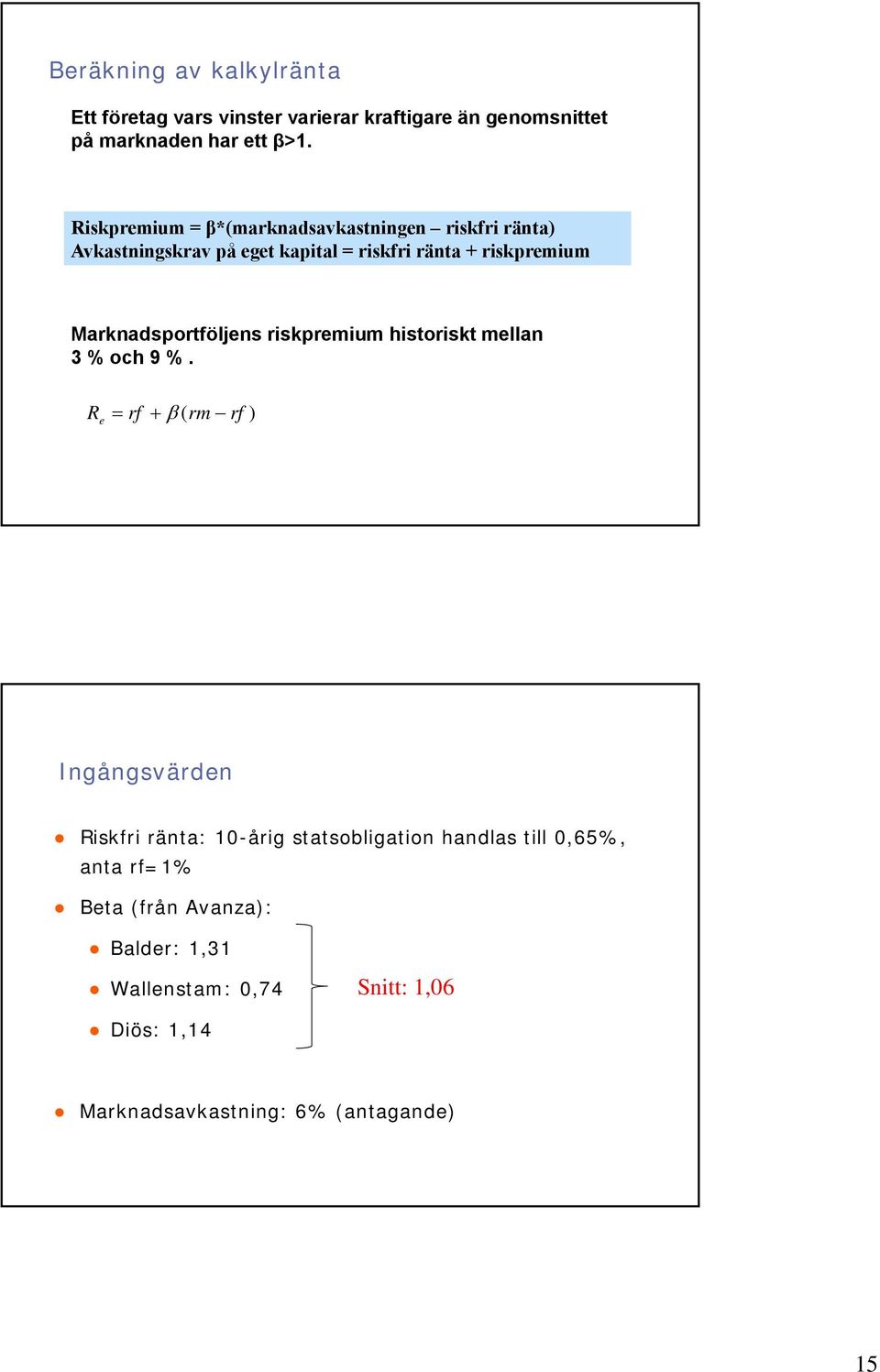 Marknadsportföljens riskpremium historiskt mellan 3 % och 9 %.