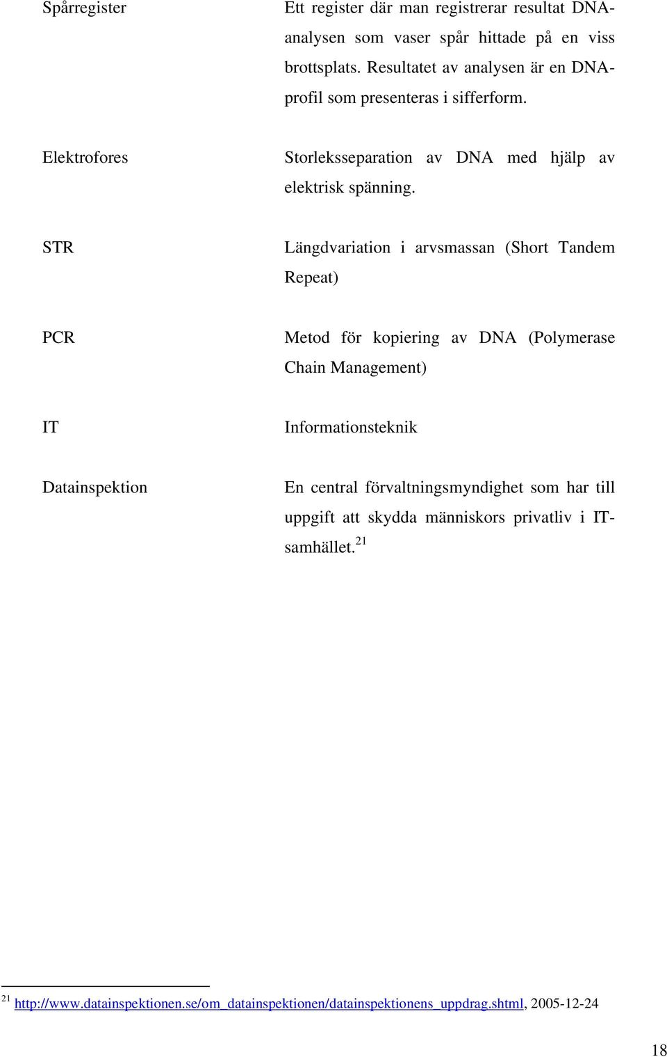STR Längdvariation i arvsmassan (Short Tandem Repeat) PCR Metod för kopiering av DNA (Polymerase Chain Management) IT Informationsteknik Datainspektion