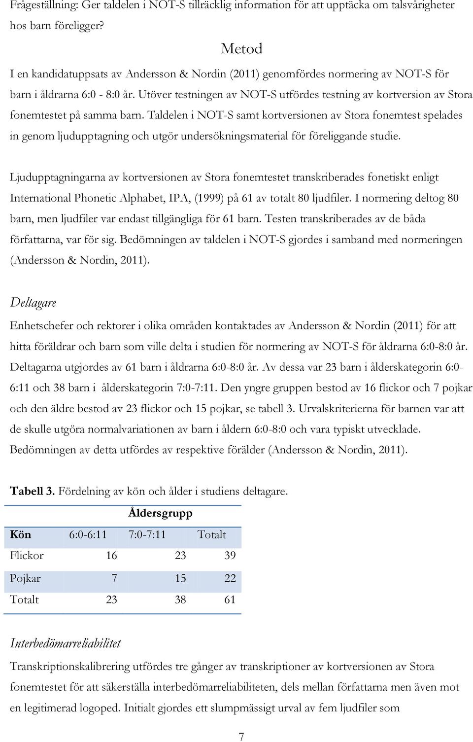 Utöver testningen av NOT-S utfördes testning av kortversion av Stora fonemtestet på samma barn.