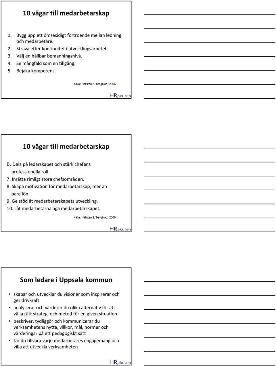 Inrätta rimligt stora chefsområden. 8. Skapa motivation för medarbetarskap; mer än bara lön. 9. Ge stöd åt medarbetarskapets utveckling. 10. Låt medarbetarna äga medarbetarskapet.