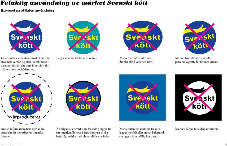 Märket Svenskt kött ska alltid placeras vågrätt, det får inte vridas. Närproducerat Annan information, text eller andra symboler får inte placeras innanför frizonen.