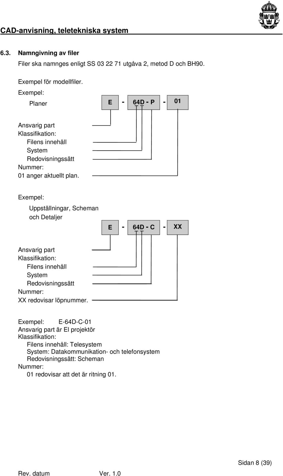 Exempel: Uppställningar, Scheman och Detaljer E - 64D - C - XX Ansvarig part Klassifikation: Filens innehåll System Redovisningssätt Nummer: XX redovisar