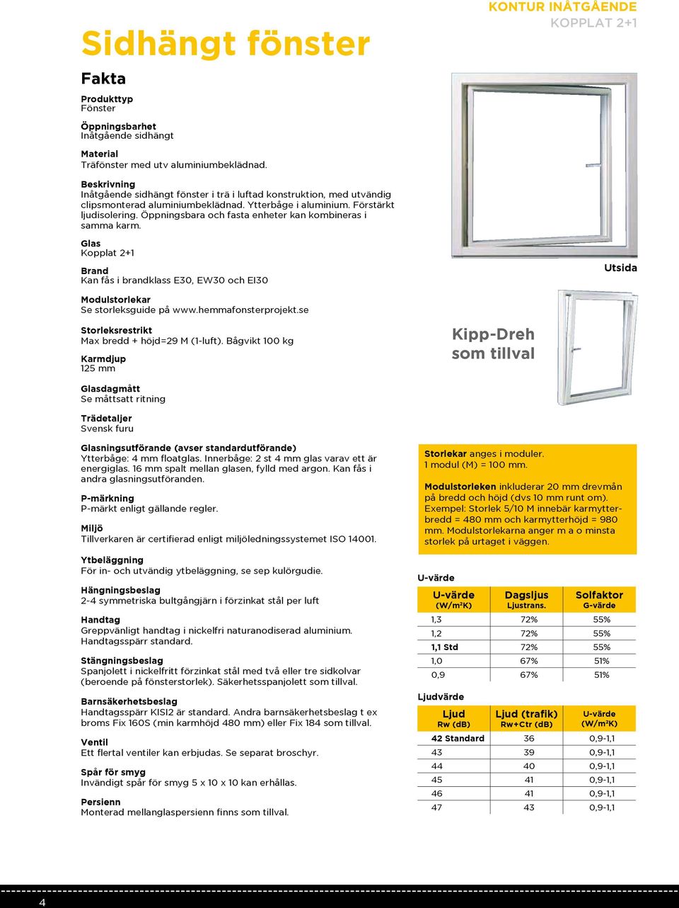 Öppningsbara och fasta enheter kan kombineras i samma karm. Glas Kopplat 2+1 Brand Kan fås i brandklass E30, EW30 och EI30 Utsida Modulstorlekar Se storleksguide på www.hemmafonsterprojekt.