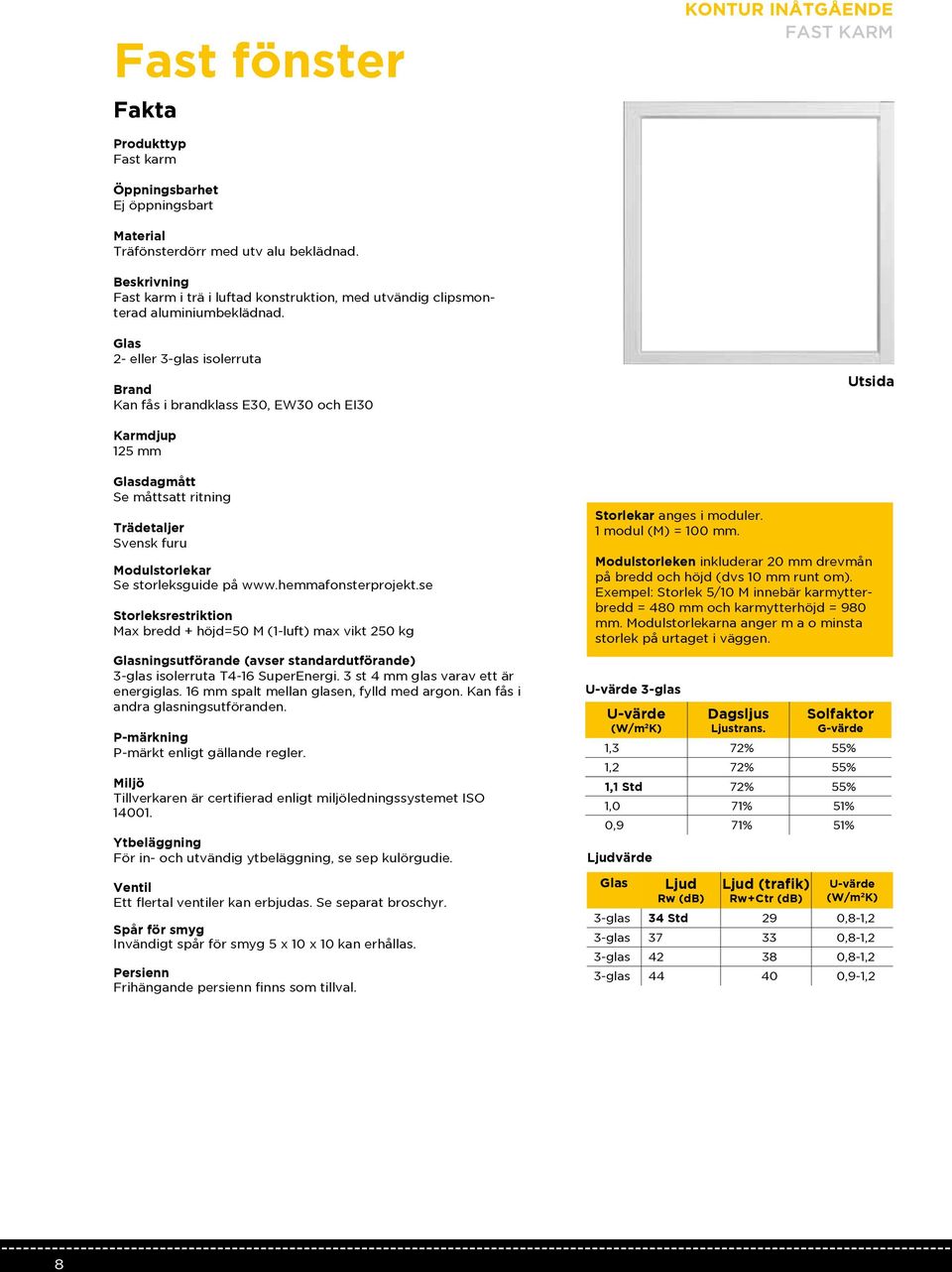 Glas 2- eller 3-glas isolerruta Brand Kan fås i brandklass E30, EW30 och EI30 Utsida Karmdjup 125 mm Glasdagmått Se måttsatt ritning Trädetaljer Svensk furu Modulstorlekar Se storleksguide på www.