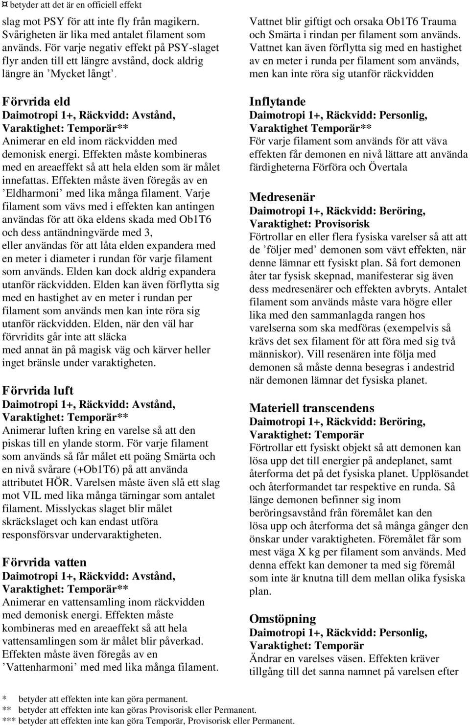 Förvrida eld Daimotropi 1+, Räckvidd: Avstånd, * Animerar en eld inom räckvidden med demonisk energi. Effekten måste kombineras med en areaeffekt så att hela elden som är målet innefattas.