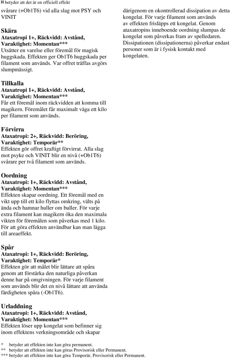 Genom ataxatropins inneboende oordning slumpas de kongelat som påverkas fram av spelledaren. Dissipationen (dissipationerna) påverkar endast personer som är i fysisk kontakt med kongelaten.