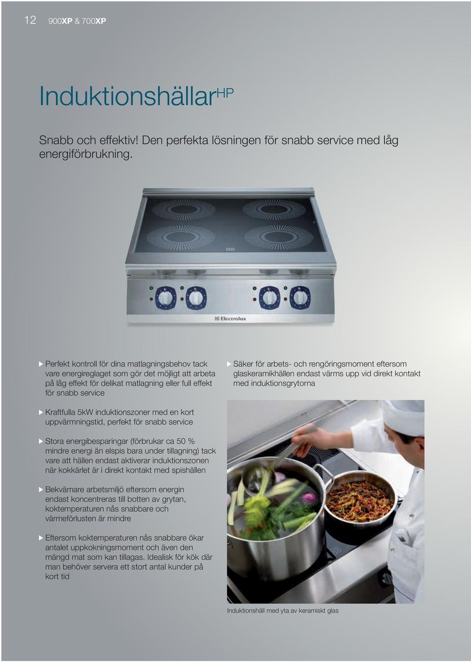 rengöringsmoment eftersom glaskeramikhällen endast värms upp vid direkt kontakt med induktionsgrytorna Kraftfulla 5kW induktionszoner med en kort uppvärmningstid, perfekt för snabb service Stora