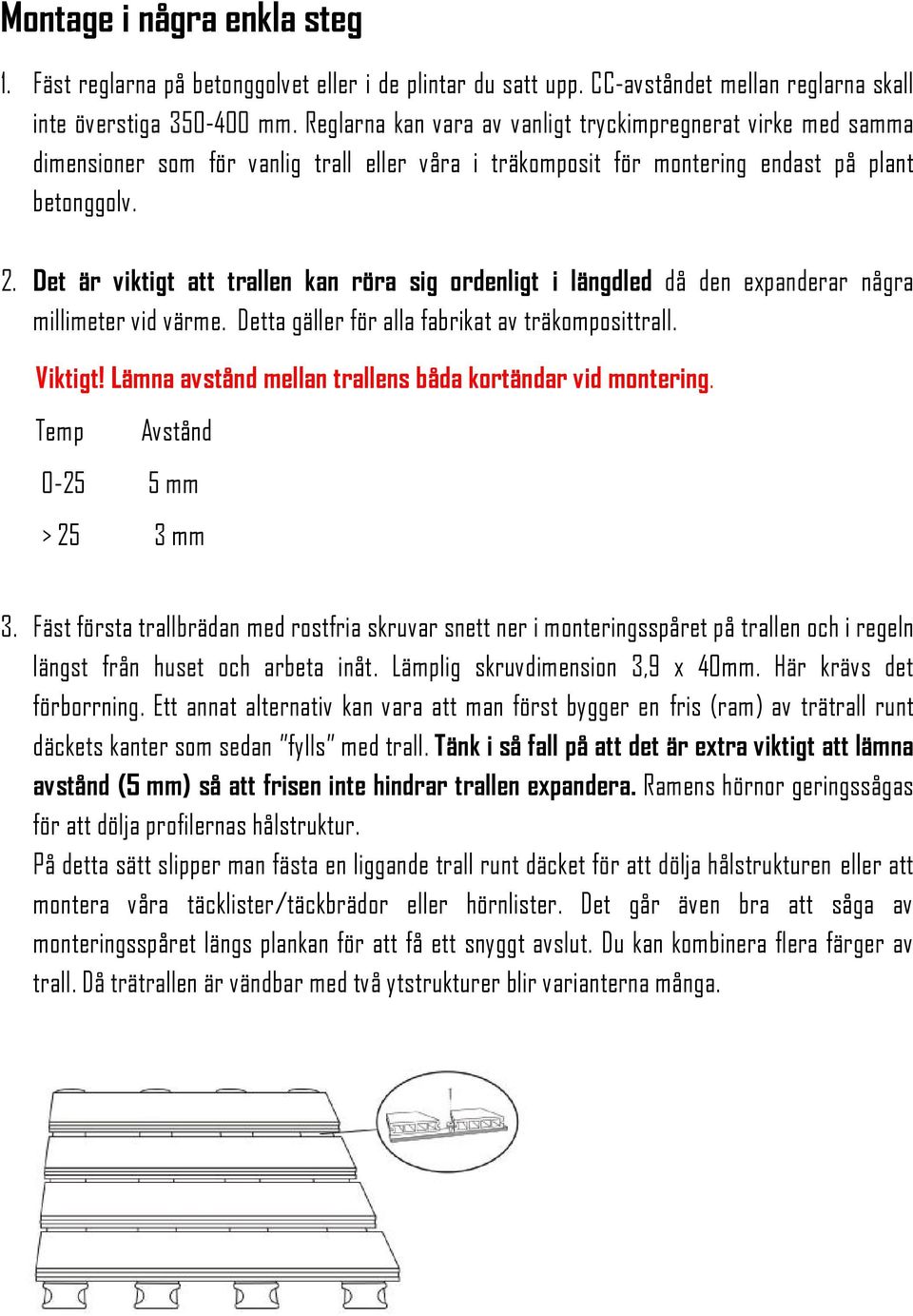 Det är viktigt att trallen kan röra sig ordenligt i längdled då den expanderar några millimeter vid värme. Detta gäller för alla fabrikat av träkomposittrall. Viktigt!