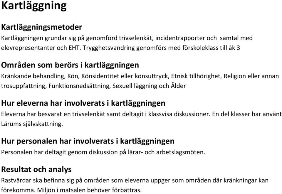 trosuppfattning, Funktionsnedsättning, Sexuell läggning och Ålder Hur eleverna har involverats i kartläggningen Eleverna har besvarat en trivselenkät samt deltagit i klassvisa diskussioner.