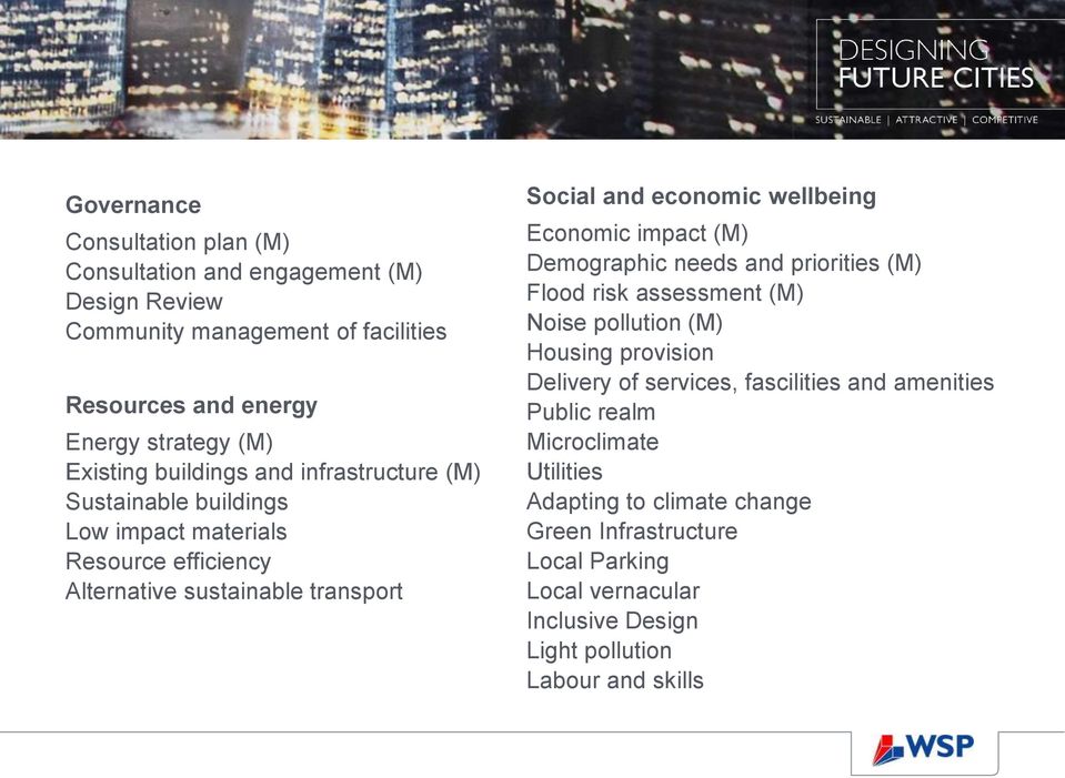 Economic impact (M) Demographic needs and priorities (M) Flood risk assessment (M) Noise pollution (M) Housing provision Delivery of services, fascilities and