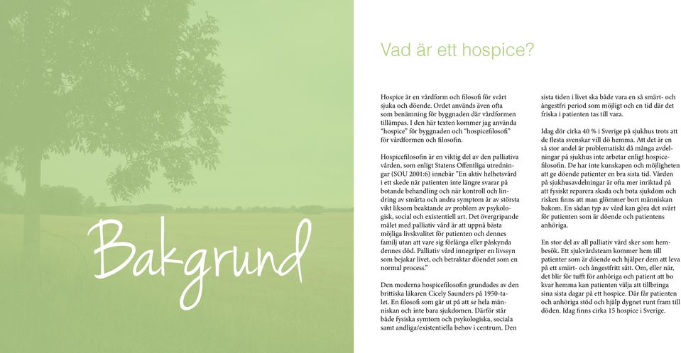 Hospicefilosofin är en viktig del av den palliativa vården, som enligt Statens Offentliga utredningar (SOU 2001:6) innebär En aktiv helhetsvård i ett skede när patienten inte längre svarar på botande