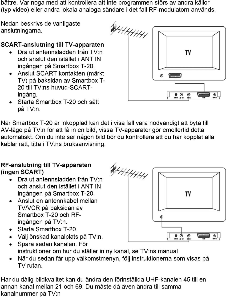 Anslut SCART kontakten (märkt TV) på baksidan av Smartbox T- 20 till TV:ns huvud-scartingång. Starta Smartbox T-20 och sätt på TV:n.