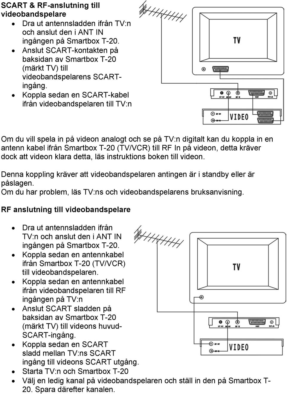 Koppla sedan en SCART-kabel ifrån videobandspelaren till TV:n Om du vill spela in på videon analogt och se på TV:n digitalt kan du koppla in en antenn kabel ifrån Smartbox T-20 (TV/VCR) till RF In på