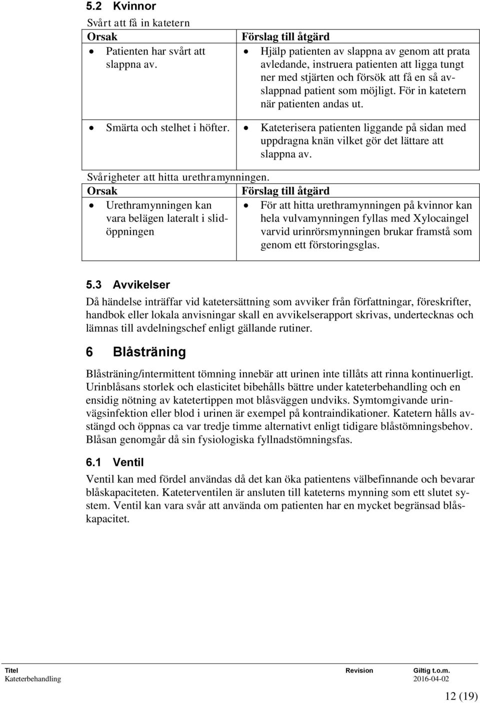 För in katetern när patienten andas ut. Smärta och stelhet i höfter. Kateterisera patienten liggande på sidan med uppdragna knän vilket gör det lättare att slappna av.