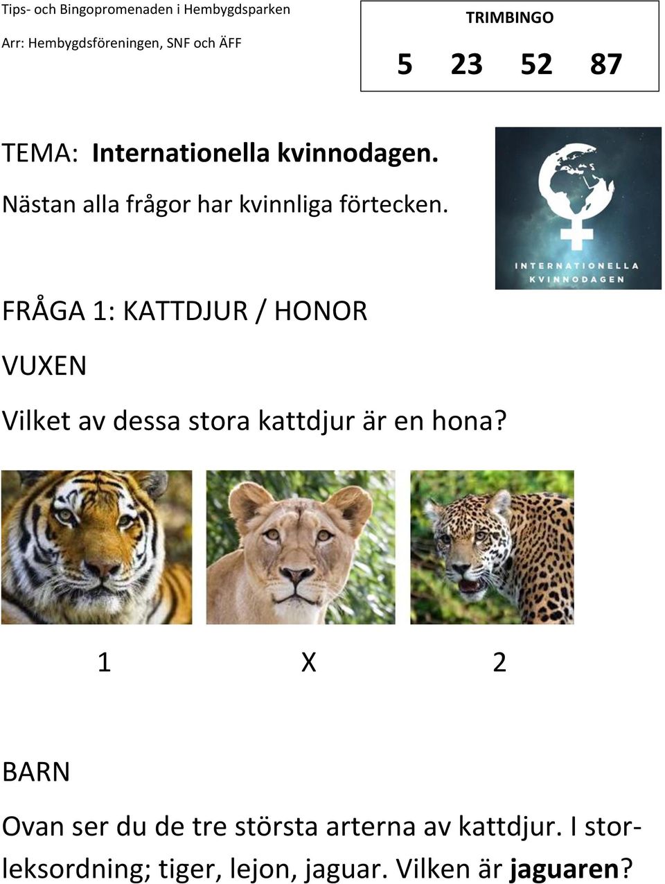 FRÅGA 1: KATTDJUR / HONOR VUEN Vilket av dessa stora kattdjur är en