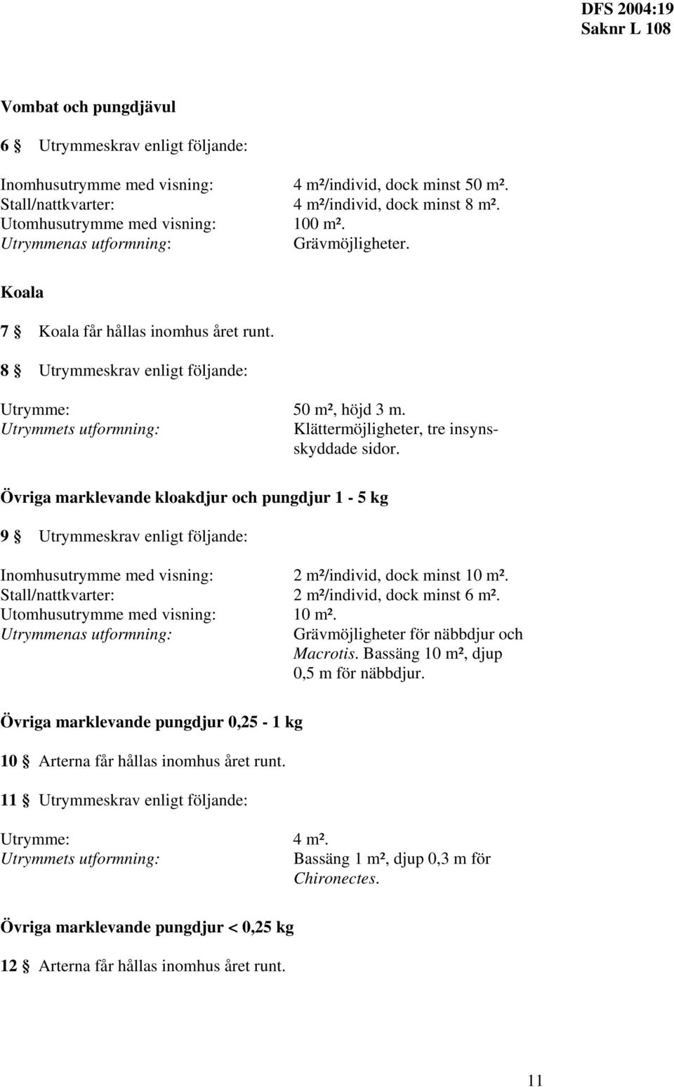 Övriga marklevande kloakdjur och pungdjur 1-5 kg 9 Utrymmeskrav enligt följande: Utrymmenas utformning: 2 m²/individ, dock minst 10 m². 2 m²/individ, dock minst 6 m². 10 m². Grävmöjligheter för näbbdjur och Macrotis.