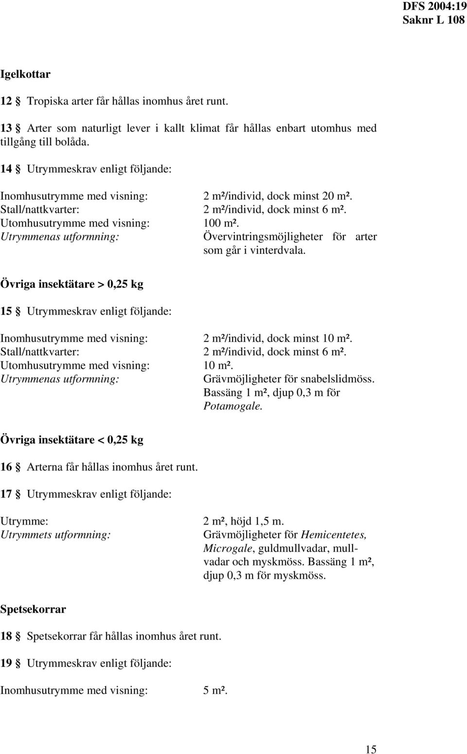 Övriga insektätare > 0,25 kg 15 Utrymmeskrav enligt följande: Utrymmenas utformning: 2 m²/individ, dock minst 10 m². 2 m²/individ, dock minst 6 m². 10 m². Grävmöjligheter för snabelslidmöss.