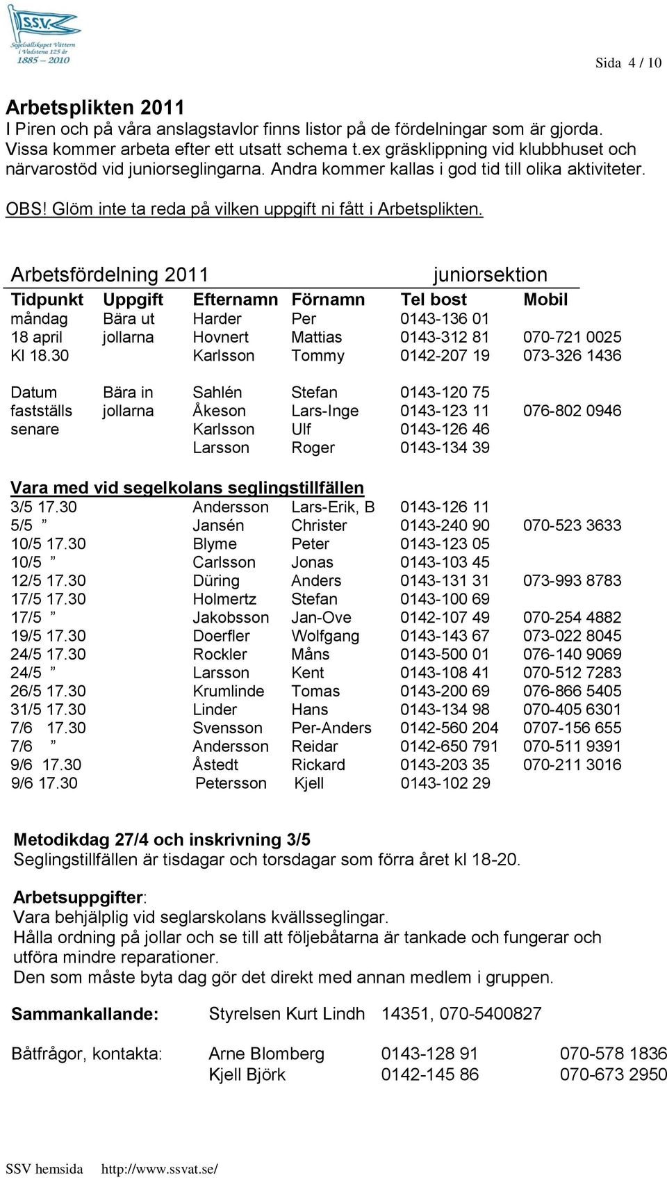 Arbetsfördelning 2011 juniorsektion Tidpunkt Uppgift Efternamn Förnamn Tel bost Mobil måndag Bära ut Harder Per 0143-136 01 18 april jollarna Hovnert Mattias 0143-312 81 070-721 0025 Kl 18.