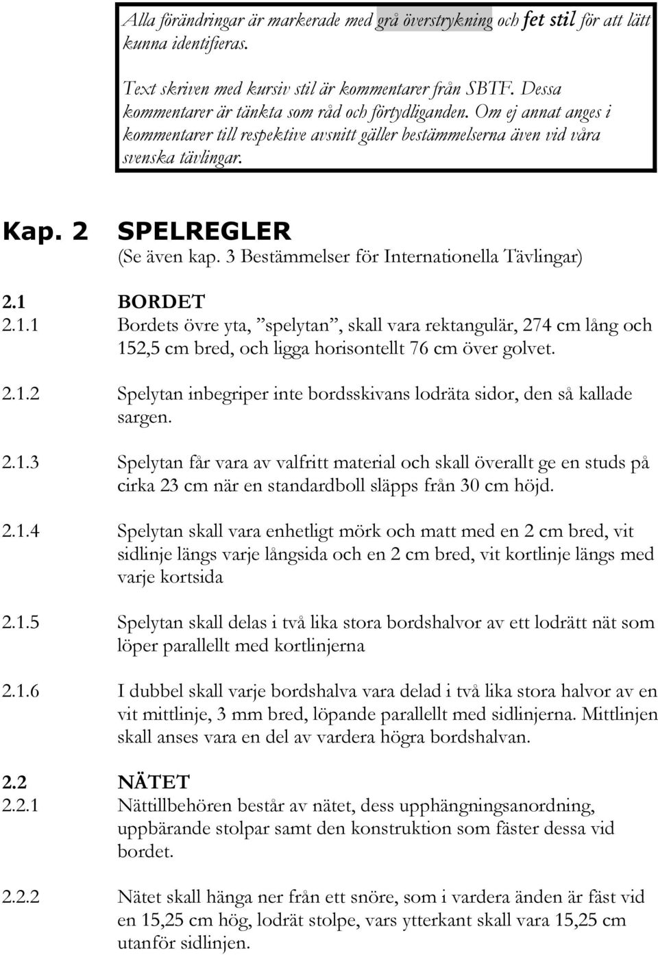 3 Bestämmelser för Internationella Tävlingar) 2.1 BORDET 2.1.1 Bordets övre yta, spelytan, skall vara rektangulär, 274 cm lång och 152,5 cm bred, och ligga horisontellt 76 cm över golvet. 2.1.2 Spelytan inbegriper inte bordsskivans lodräta sidor, den så kallade sargen.