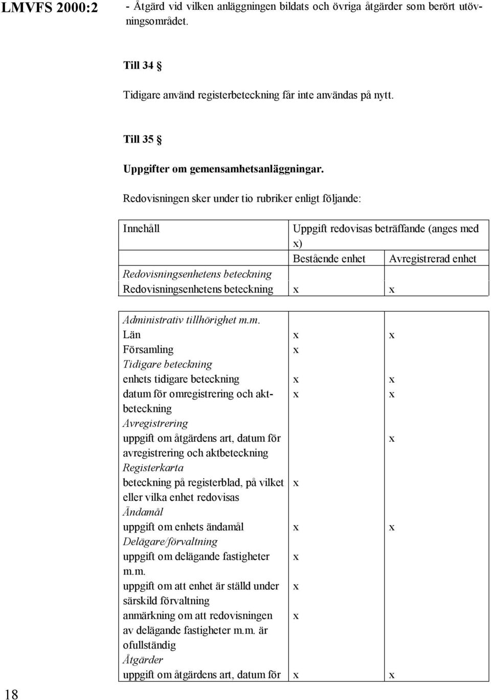 Redovisningen sker under tio rubriker enligt följande: Innehåll Uppgift redovisas beträffande (anges med ) Bestående enhet Avregistrerad enhet Redovisningsenhetens beteckning Redovisningsenhetens