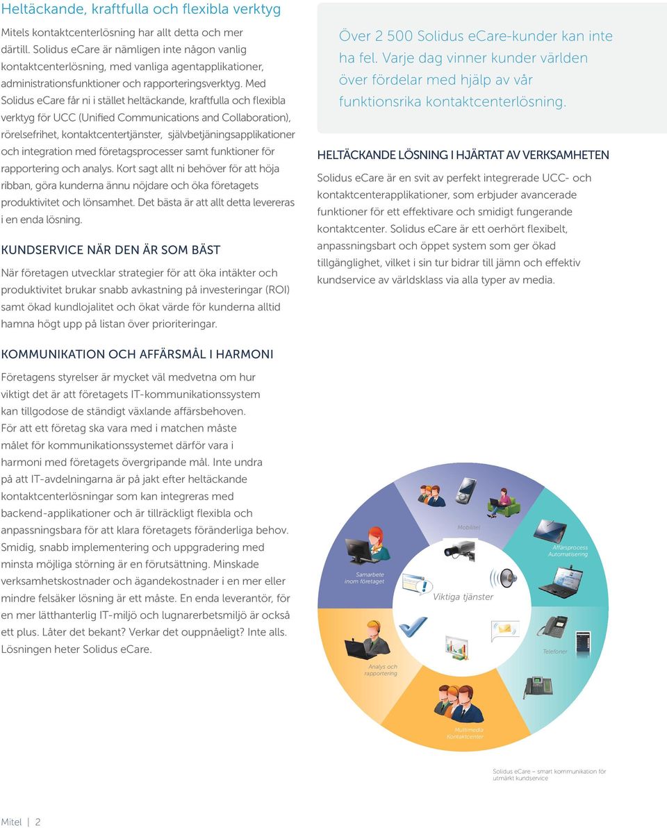 Med Solidus ecare får ni i stället heltäckande, kraftfulla och flexibla verktyg för UCC (Unified Communications and Collaboration), rörelsefrihet, kontaktcentertjänster, självbetjäningsapplikationer