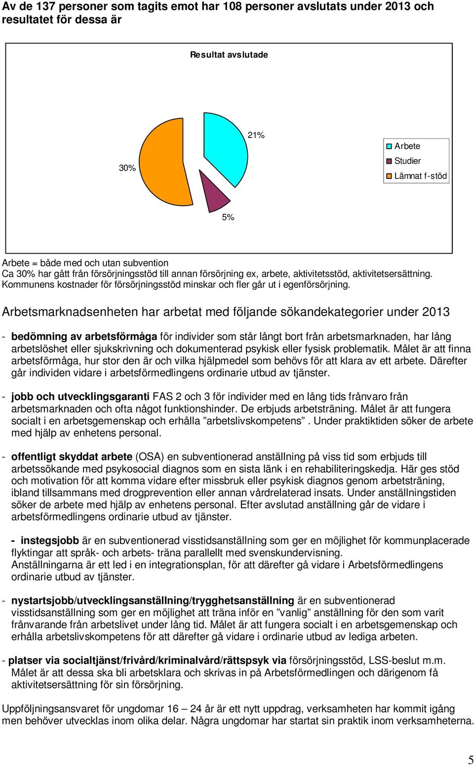 Arbetsmarknadsenheten har arbetat med följande sökandekategorier under 2013 - bedömning av arbetsförmåga för individer som står långt bort från arbetsmarknaden, har lång arbetslöshet eller