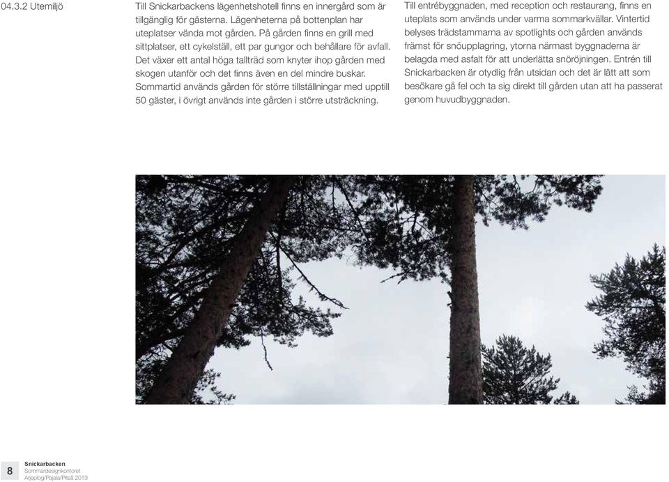Det växer ett antal höga tallträd som knyter ihop gården med skogen utanför och det finns även en del mindre buskar.
