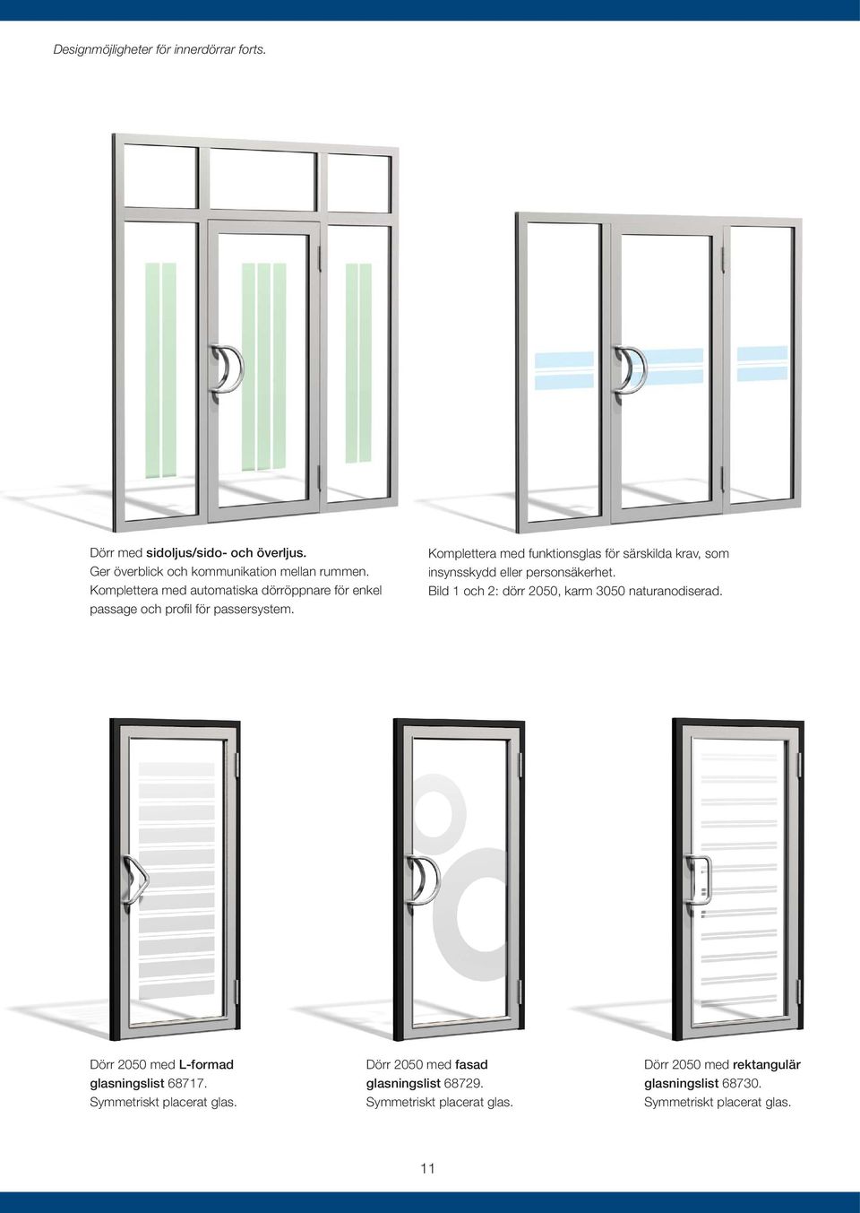 Komplettera med funktionsglas för särskilda krav, som insynsskydd eller personsäkerhet. Bild 1 och 2: dörr 0, karm 00 naturanodiserad.