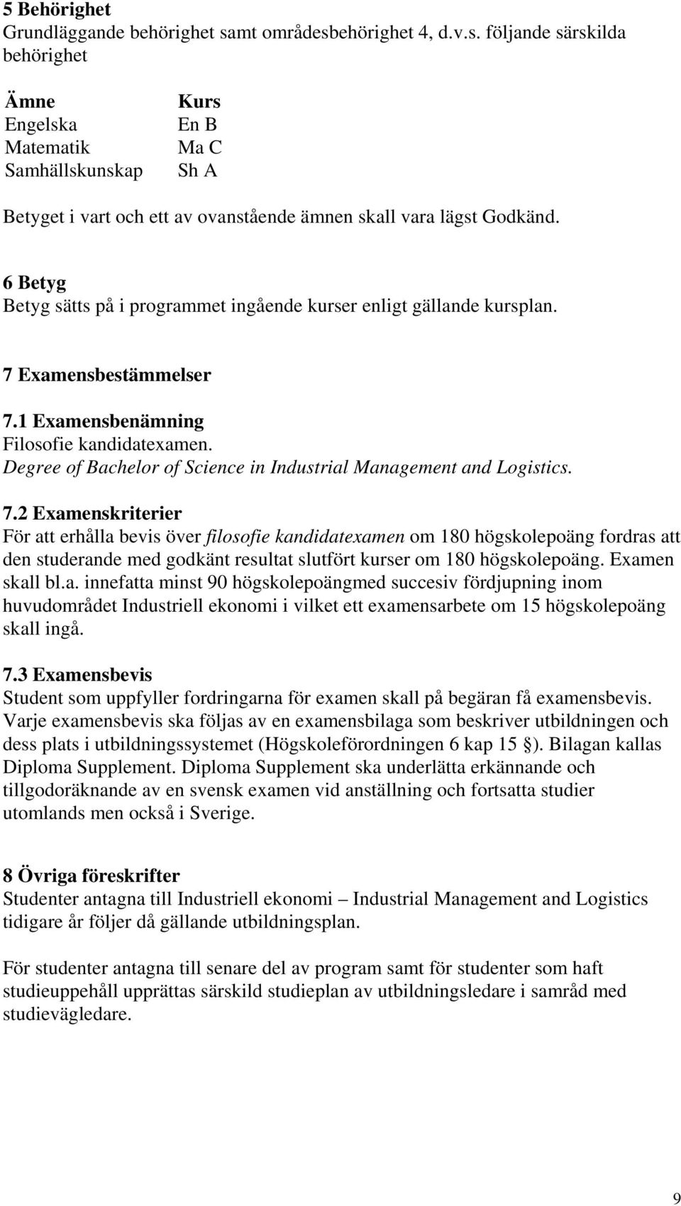 Degree of Bachelor of Science in Industrial Management and Logistics. 7.