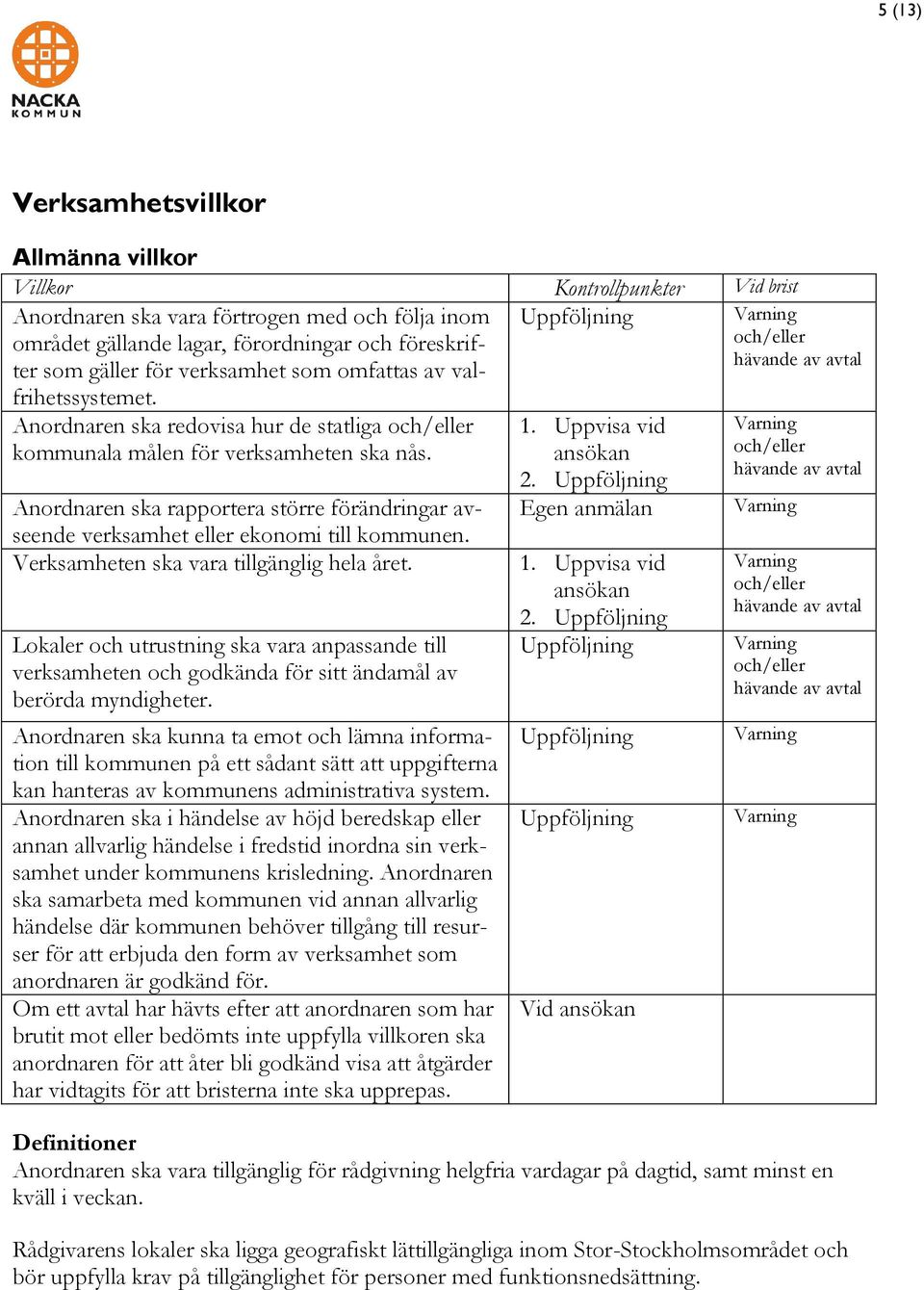 Anordnaren ska rapportera större förändringar avseende verksamhet eller ekonomi till kommunen. Verksamheten ska vara tillgänglig hela året.