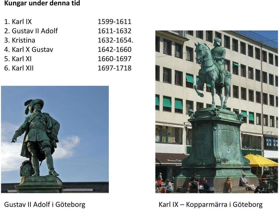 Karl X Gustav 1642-1660 5. Karl XI 1660-1697 6.