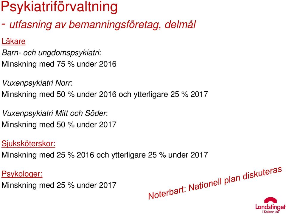 2016 och ytterligare 25 % 2017 Vuxenpsykiatri Mitt och Söder: Minskning med 50 % under 2017
