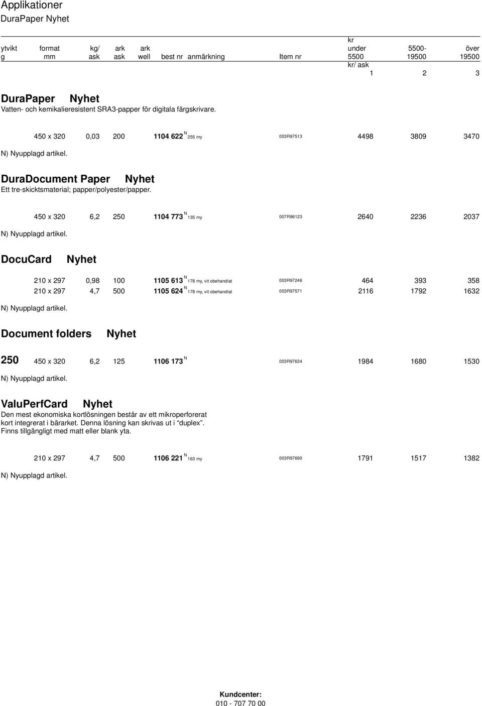 450 x 320 6,2 250 1104 773 N 135 my 007R96123 2640 2236 2037 DocuCard 210 x 297 0,98 100 1105 613 N 178 my, vit obehandlat 003R97246 464 393 358 210 x 297 4,7 500 1105 624 N 178 my, vit obehandlat