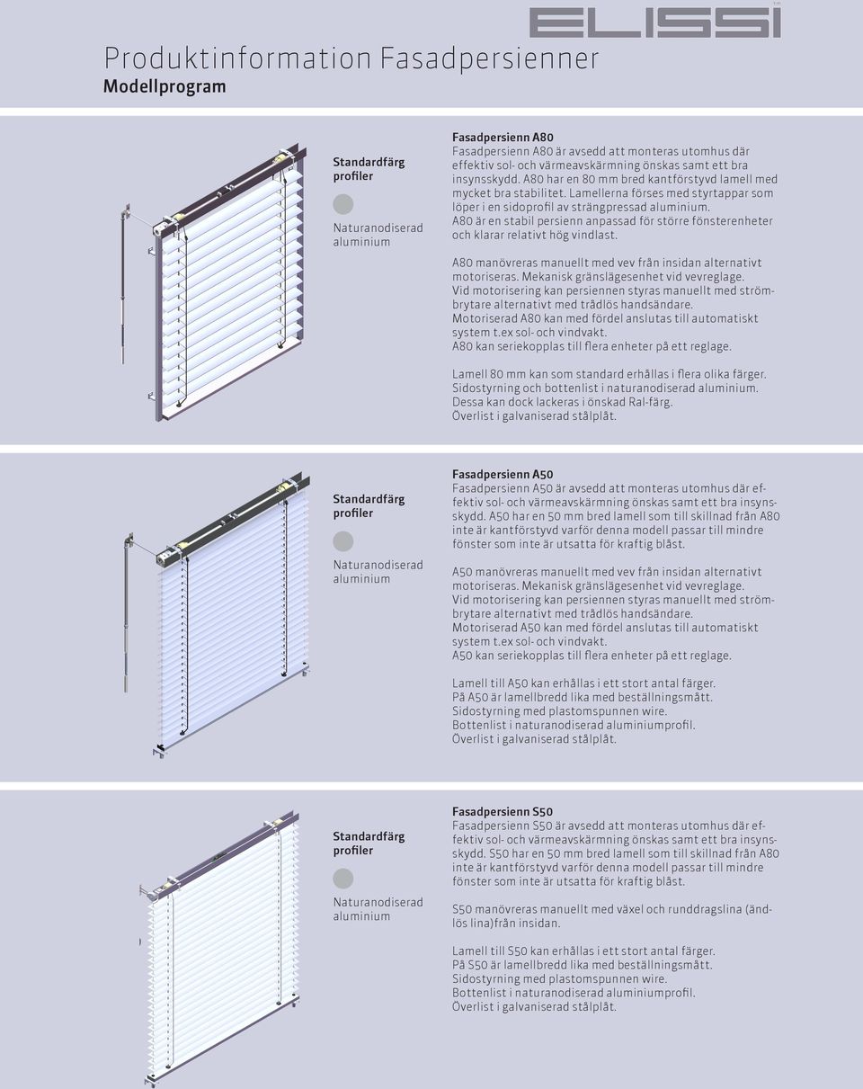 Lamellerna förses med styrtappar som löper i en sidoprofil av strängpressad aluminium. A80 är en stabil persienn anpassad för större fönsterenheter och klarar relativt hög vindlast.