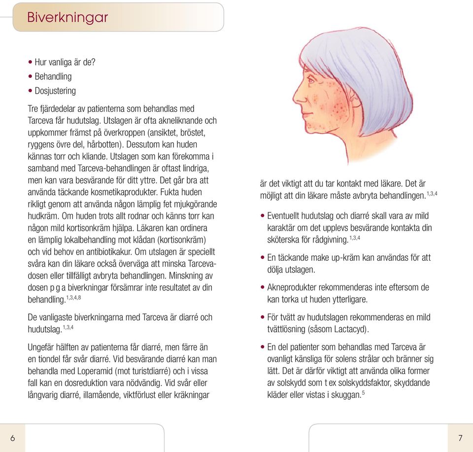Utslagen som kan förekomma i samband med Tarceva-behandlingen är oftast lindriga, men kan vara besvärande för ditt yttre. Det går bra att använda täckande kosmetikaprodukter.