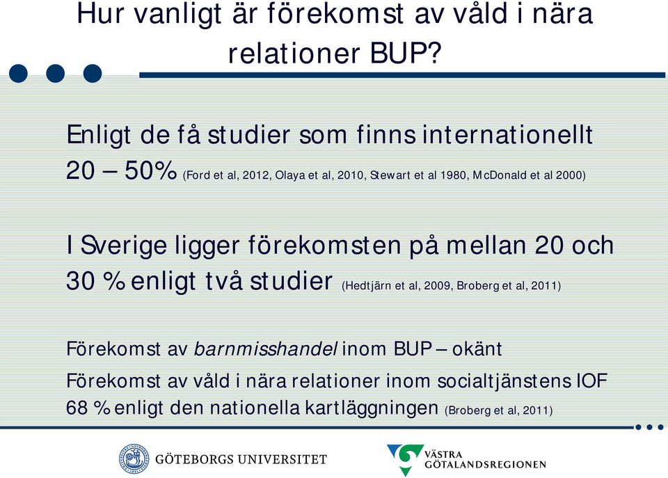 McDonald et al 2000) I Sverige ligger förekomsten på mellan 20 och 30 % enligt två studier (Hedtjärn et al, 2009,