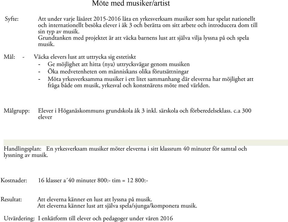 Mål: - Väcka elevers lust att uttrycka sig estetiskt - Ge möjlighet att hitta (nya) uttrycksvägar genom musiken - Öka medvetenheten om människans olika förutsättningar - Möta yrkesverksamma musiker i