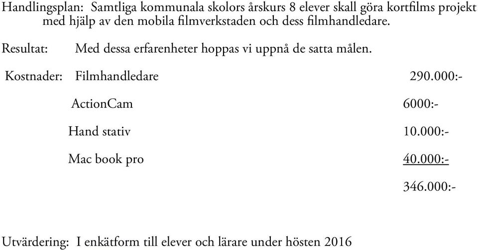 Resultat: Med dessa erfarenheter hoppas vi uppnå de satta målen. Kostnader: Filmhandledare 290.