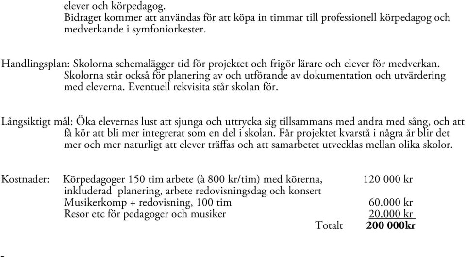 Eventuell rekvisita står skolan för. Långsiktigt mål: Öka elevernas lust att sjunga och uttrycka sig tillsammans med andra med sång, och att få kör att bli mer integrerat som en del i skolan.
