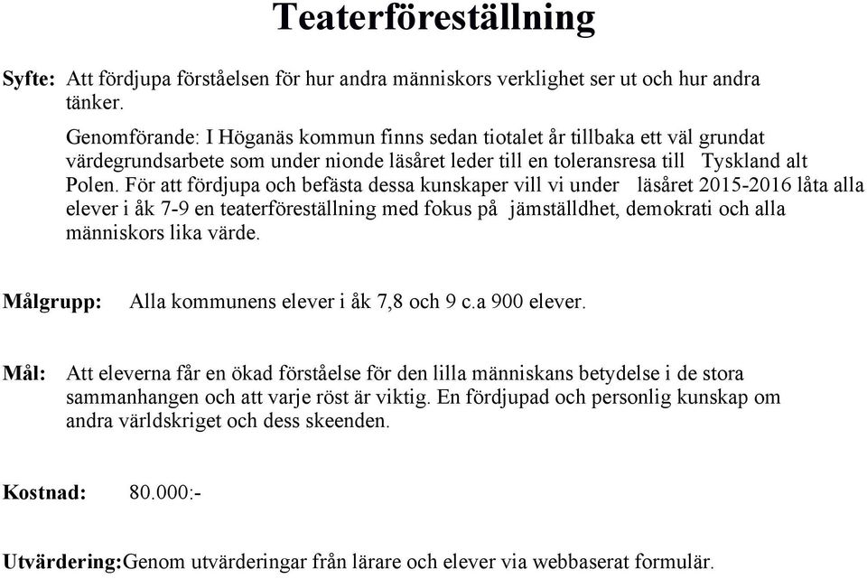 För att fördjupa och befästa dessa kunskaper vill vi under läsåret 2015-2016 låta alla elever i åk 7-9 en teaterföreställning med fokus på jämställdhet, demokrati och alla människors lika värde.