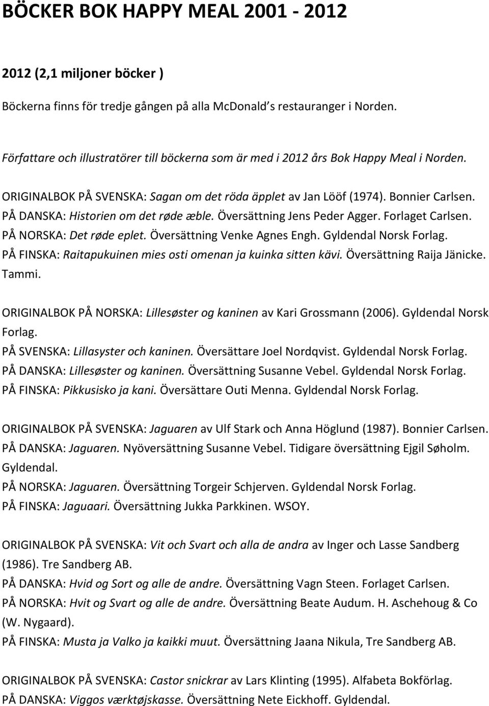 PÅ DANSKA: Historien om det røde æble. Översättning Jens Peder Agger. Forlaget Carlsen. PÅ NORSKA: Det røde eplet. Översättning Venke Agnes Engh. Gyldendal Norsk Forlag.