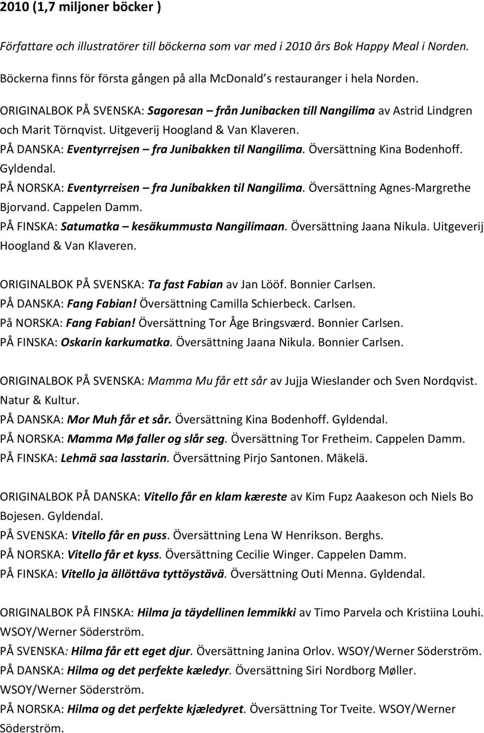 Översättning Kina Bodenhoff. Gyldendal. PÅ NORSKA: Eventyrreisen fra Junibakken til Nangilima. Översättning Agnes-Margrethe Bjorvand. Cappelen Damm. PÅ FINSKA: Satumatka kesäkummusta Nangilimaan.