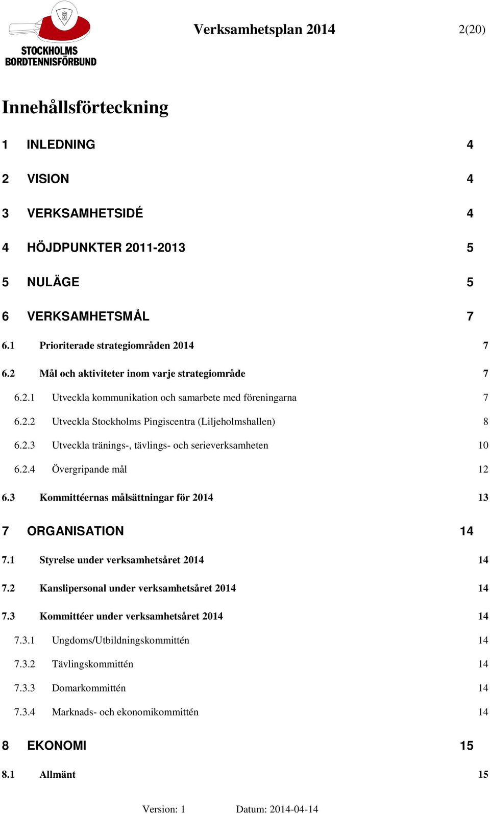 2.4 Övergripande mål 12 6.3 Kommittéernas målsättningar för 2014 13 7 ORGANISATION 14 7.1 Styrelse under verksamhetsåret 2014 14 7.2 Kanslipersonal under verksamhetsåret 2014 14 7.
