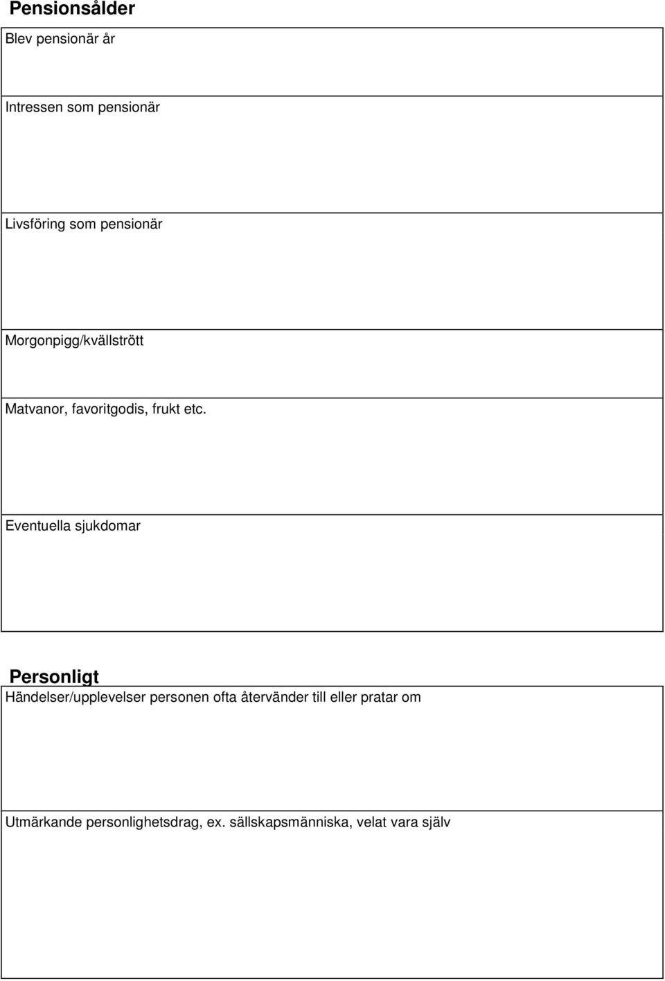 Eventuella sjukdomar Personligt Händelser/upplevelser personen ofta