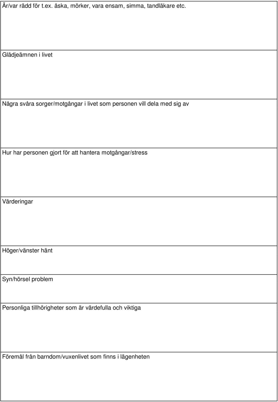 har personen gjort för att hantera motgångar/stress Värderingar Höger/vänster hänt Syn/hörsel