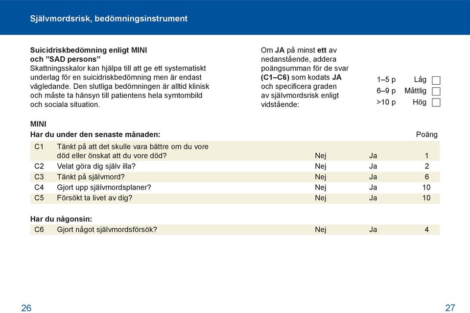 Om JA på minst ett av nedanstående, addera poängsumman för de svar (C1 C6) som kodats JA och specificera graden av självmordsrisk enligt vidstående: 1 5 p 6 9 p >10 p Låg Måttlig Hög MINI Har du