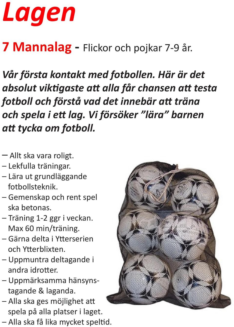 Vi försöker lära barnen att tycka om fotboll. Allt ska vara roligt. Lekfulla träningar. Lära ut grundläggande fotbollsteknik.