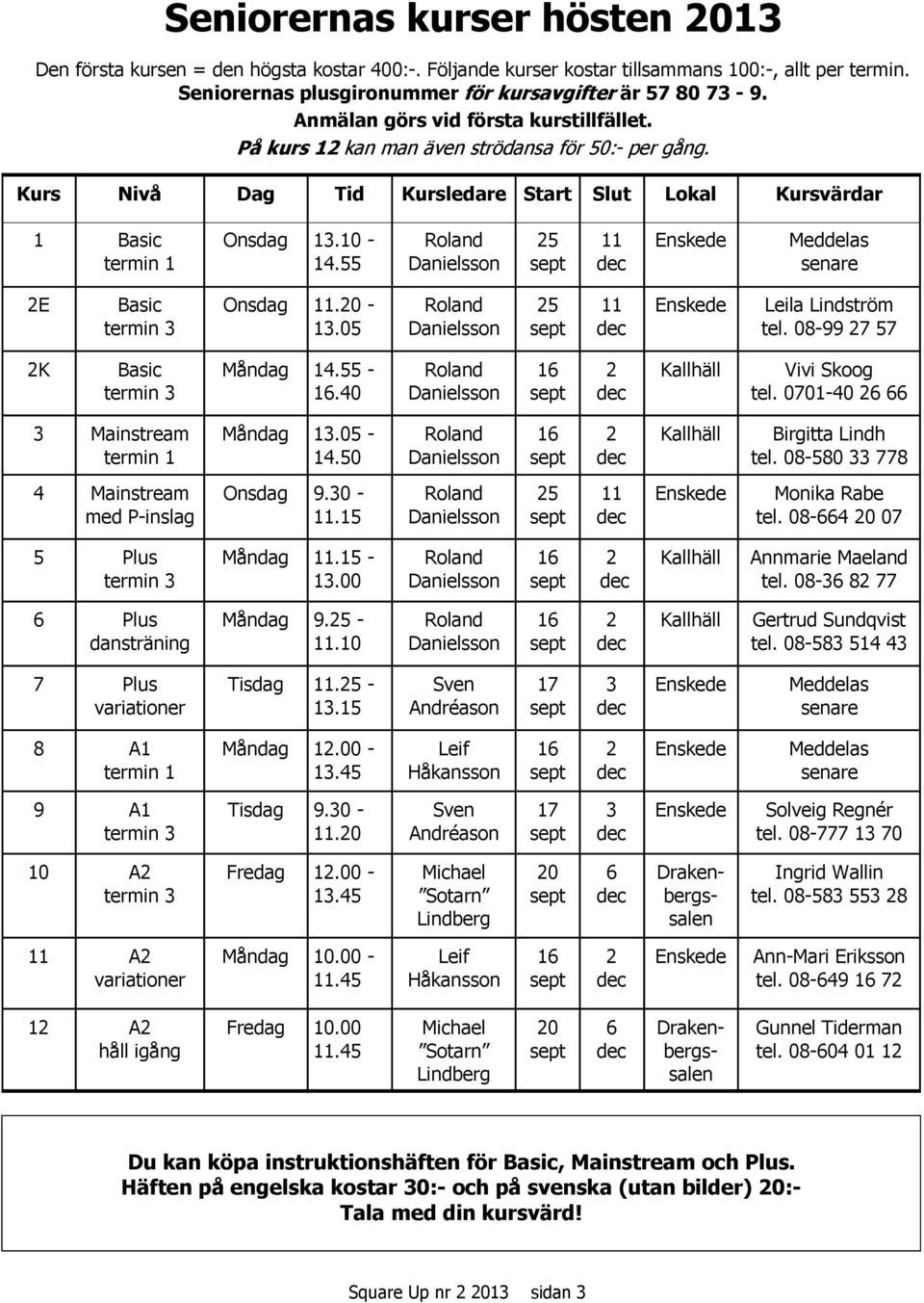 55 Roland Danielsson 25 11 Enskede Meddelas senare 2E Basic termin 3 Onsdag 11.20-13.05 Roland Danielsson 25 11 Enskede Leila Lindström tel. 08-99 27 57 2K Basic termin 3 Måndag 14.55-16.