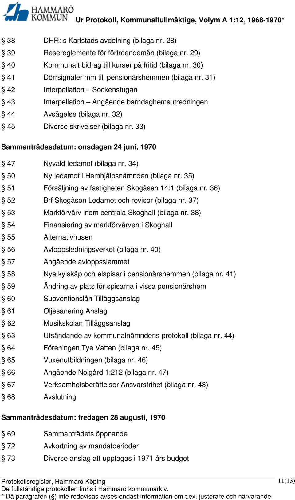 32) 45 Diverse skrivelser (bilaga nr. 33) Sammanträdesdatum: onsdagen 24 juni, 1970 47 Nyvald ledamot (bilaga nr. 34) 50 Ny ledamot i Hemhjälpsnämnden (bilaga nr.