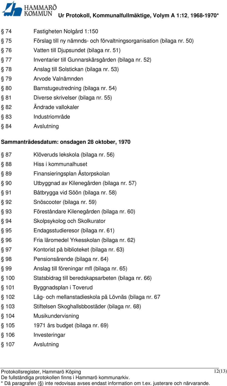 55) 82 Ändrade vallokaler 83 Industriområde 84 Avslutning Sammanträdesdatum: onsdagen 28 oktober, 1970 87 Klöveruds lekskola (bilaga nr.